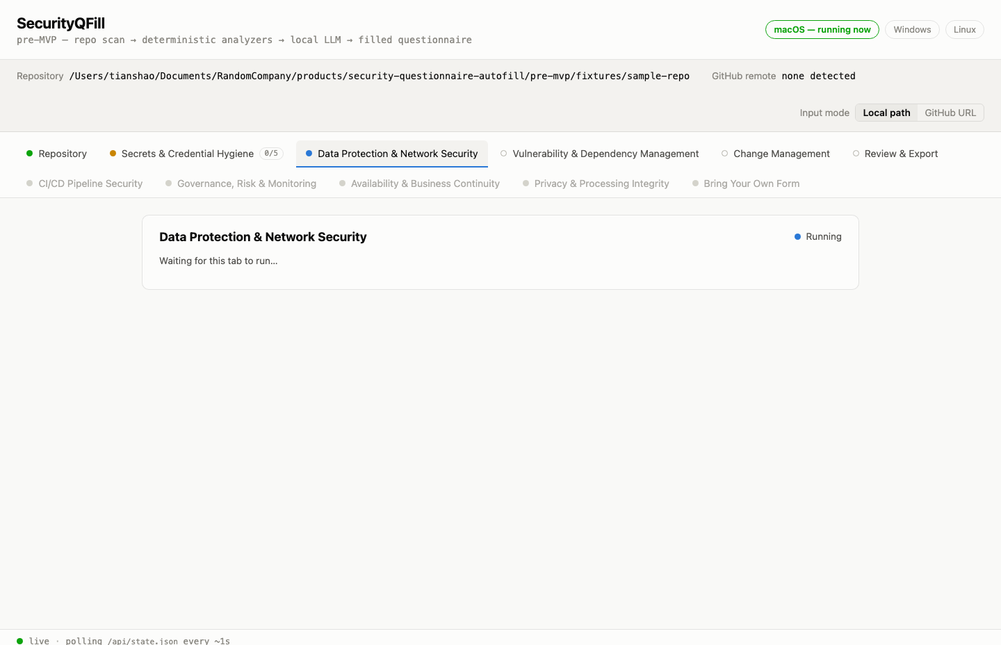 SecurityQFill's live browser tab mid-scan: the Data Protection & Network Security tab shows a blue "Running" status while Secrets & Credential Hygiene has already finished, with several "coming soon" tabs visibly greyed out below